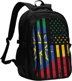 Ethiopian American Flag Ethiopian Roots Casual Travel Backpacks Hiking Camping Backpack Large Outdoor Sport Daypack Laptop Rucksack Climbing Working Bags with USB Port