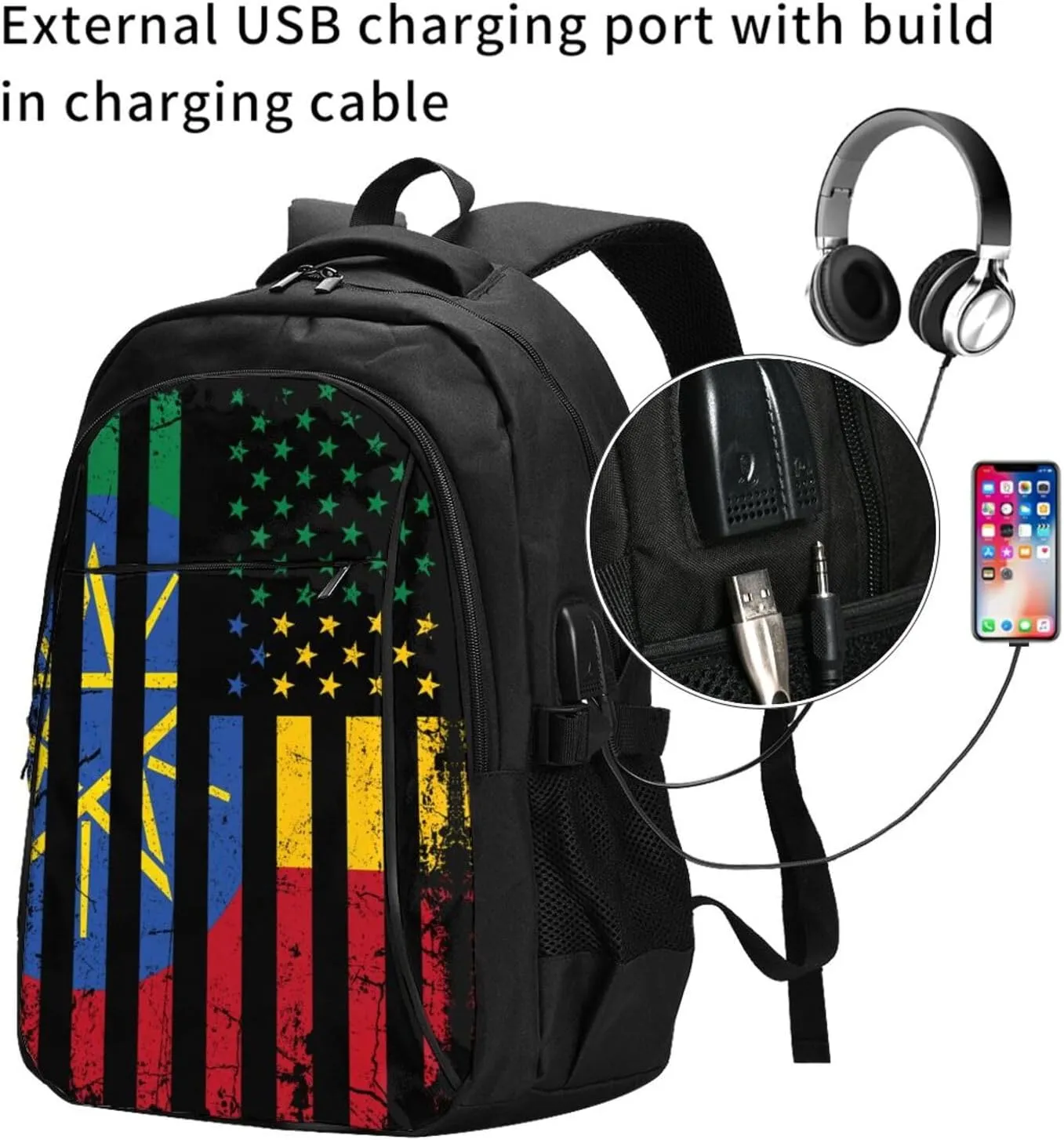 Ethiopian American Flag Ethiopian Roots Casual Travel Backpacks Hiking Camping Backpack Large Outdoor Sport Daypack Laptop Rucksack Climbing Working Bags with USB Port