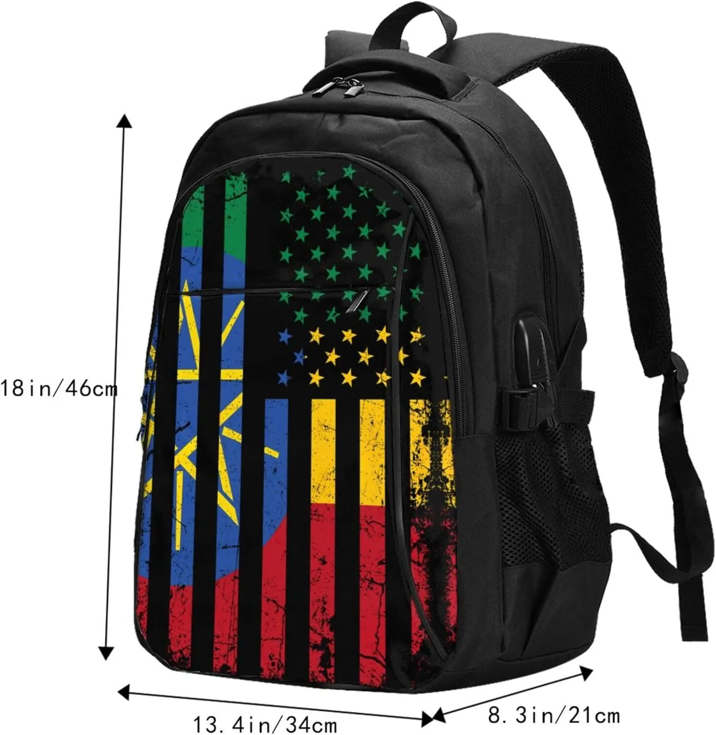 Ethiopian American Flag Ethiopian Roots Casual Travel Backpacks Hiking Camping Backpack Large Outdoor Sport Daypack Laptop Rucksack Climbing Working Bags with USB Port