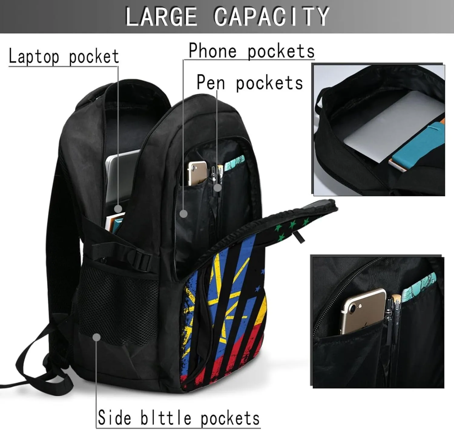 Ethiopian American Flag Ethiopian Roots Casual Travel Backpacks Hiking Camping Backpack Large Outdoor Sport Daypack Laptop Rucksack Climbing Working Bags with USB Port