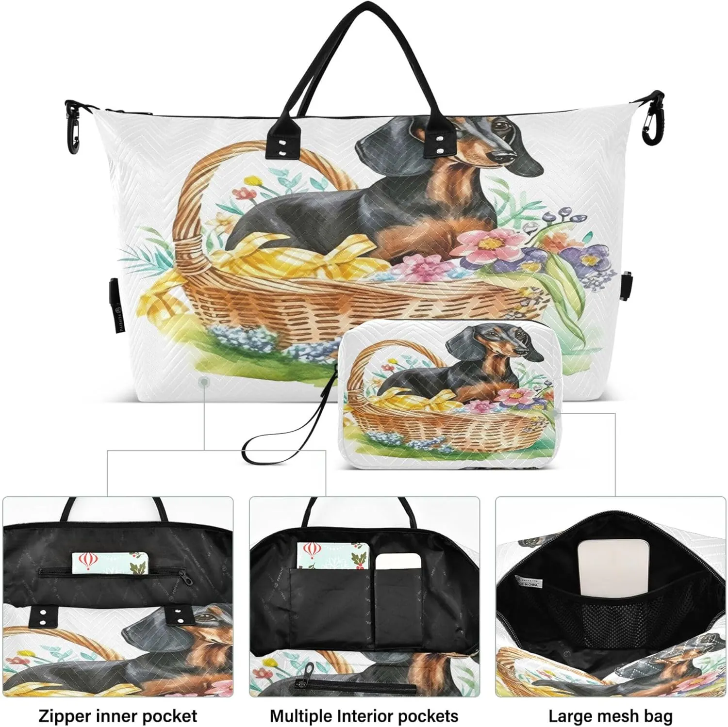 Exnundod Women Weekender Bags Dachshund Dog Watercolor Travel Duffel Bags Carry On Overnight Bag Floral Basket Large Hospital Tote Luggage