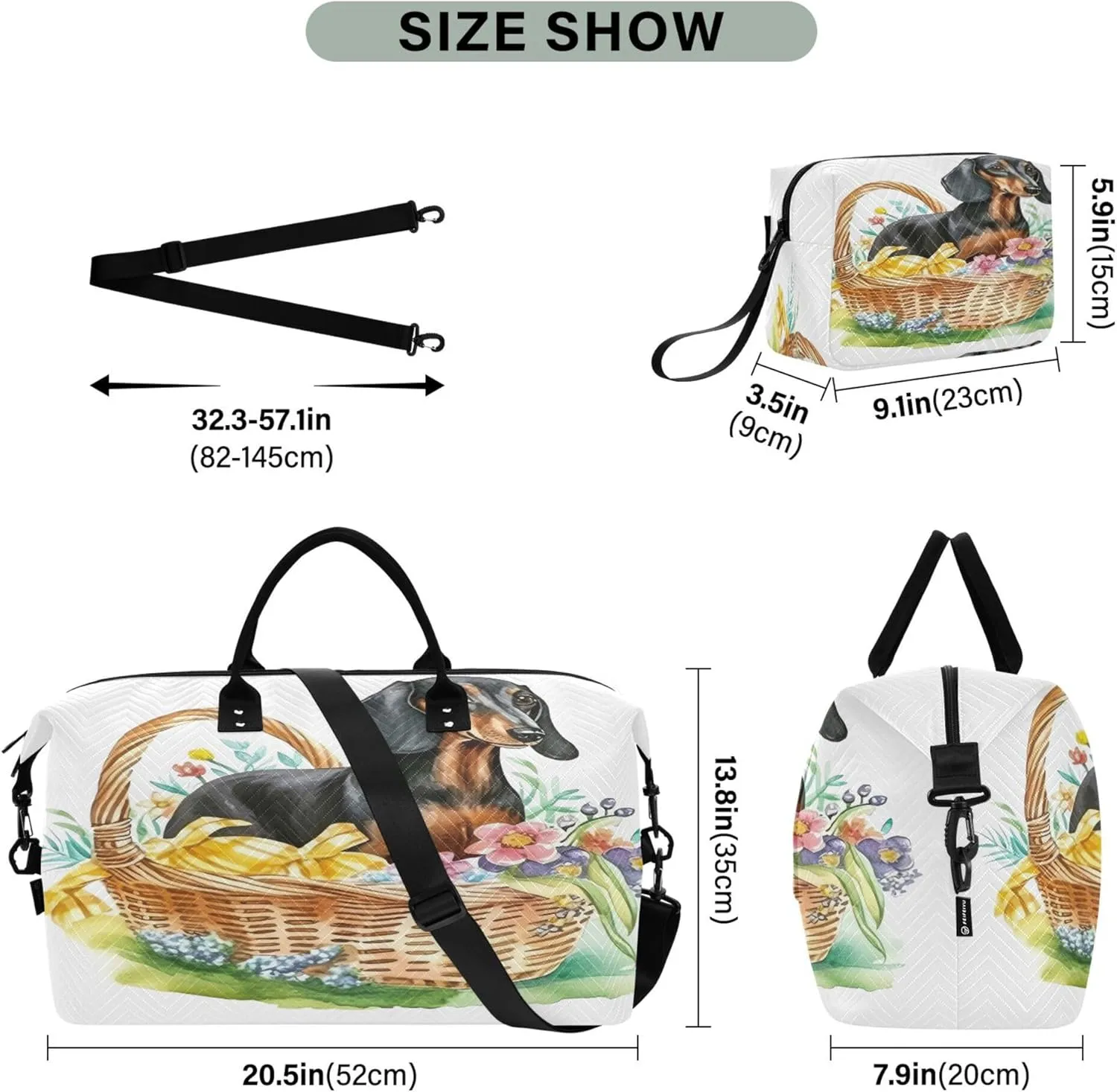 Exnundod Women Weekender Bags Dachshund Dog Watercolor Travel Duffel Bags Carry On Overnight Bag Floral Basket Large Hospital Tote Luggage