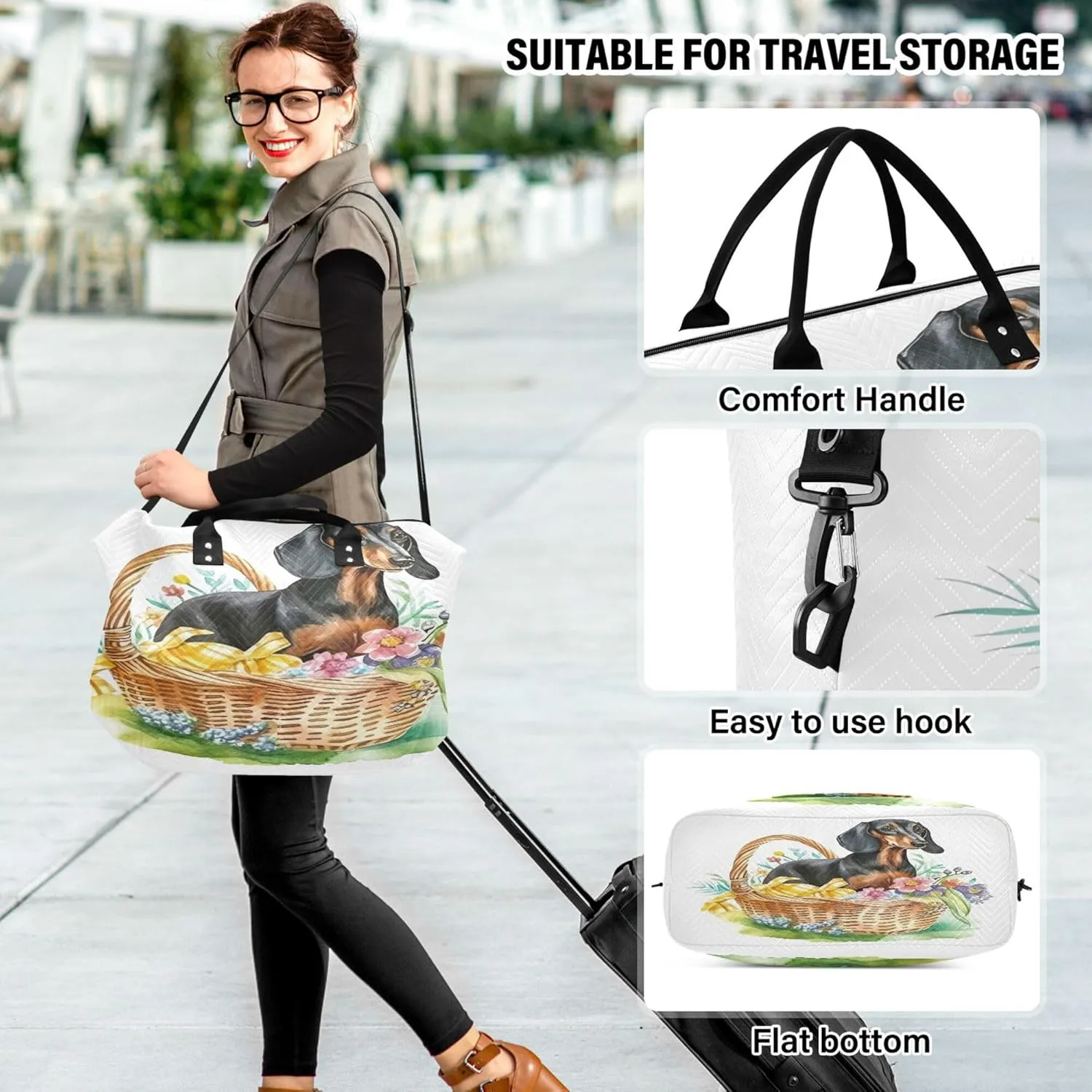 Exnundod Women Weekender Bags Dachshund Dog Watercolor Travel Duffel Bags Carry On Overnight Bag Floral Basket Large Hospital Tote Luggage