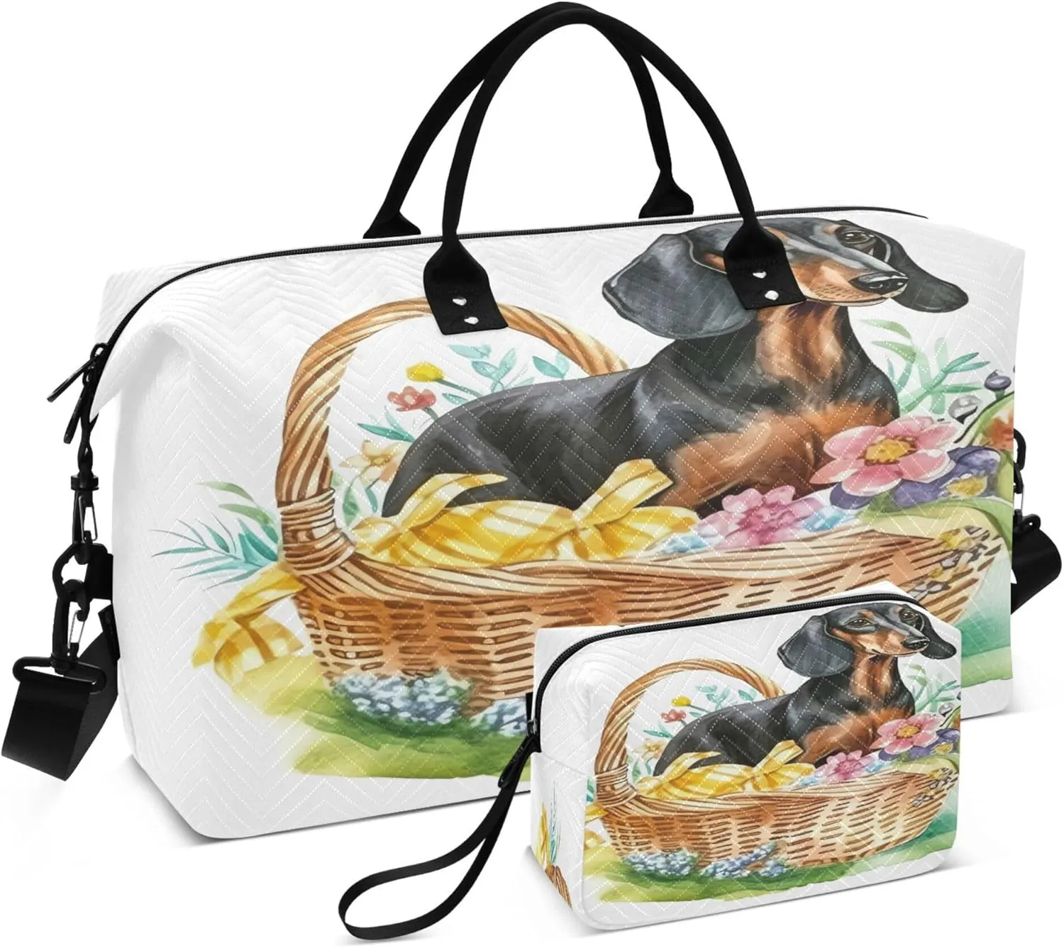 Exnundod Women Weekender Bags Dachshund Dog Watercolor Travel Duffel Bags Carry On Overnight Bag Floral Basket Large Hospital Tote Luggage