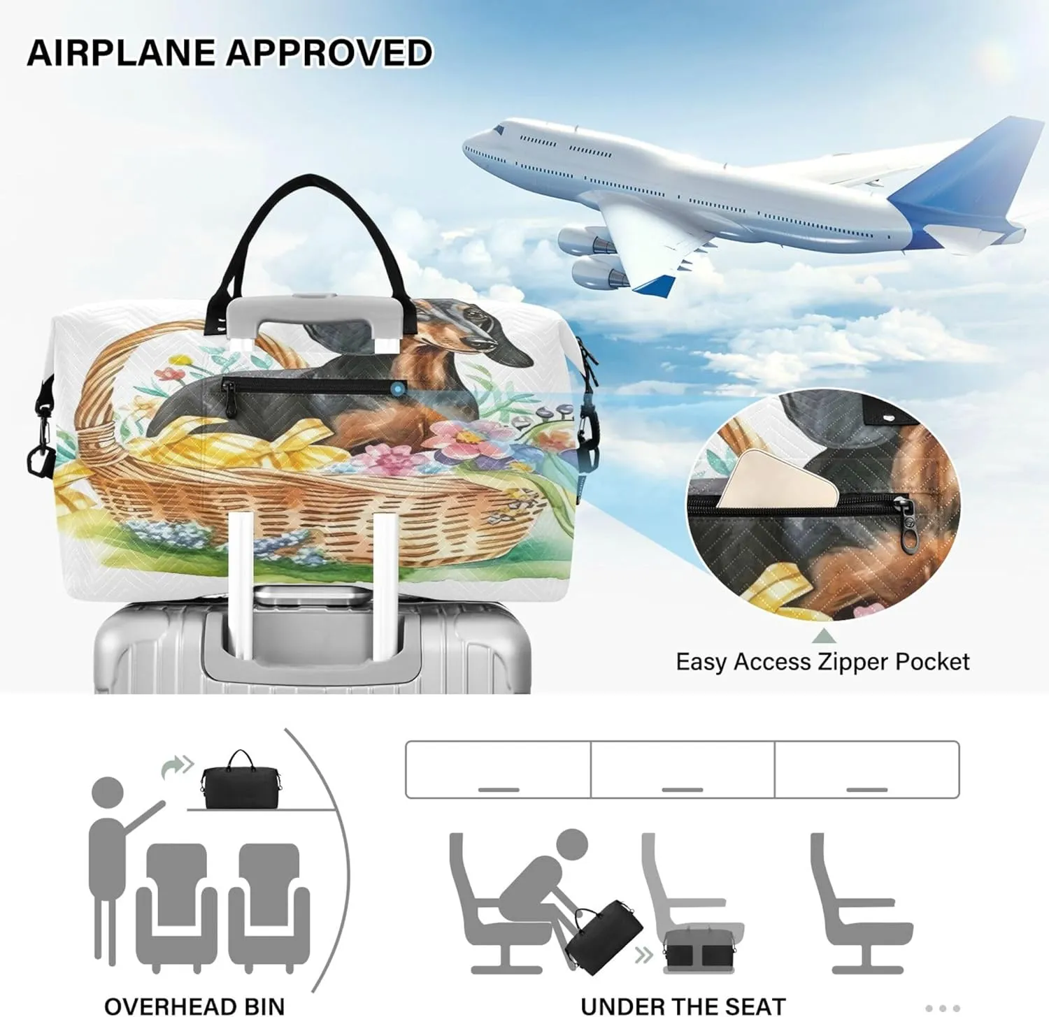 Exnundod Women Weekender Bags Dachshund Dog Watercolor Travel Duffel Bags Carry On Overnight Bag Floral Basket Large Hospital Tote Luggage