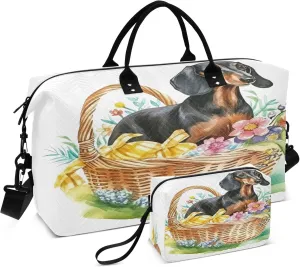 Exnundod Women Weekender Bags Dachshund Dog Watercolor Travel Duffel Bags Carry On Overnight Bag Floral Basket Large Hospital Tote Luggage