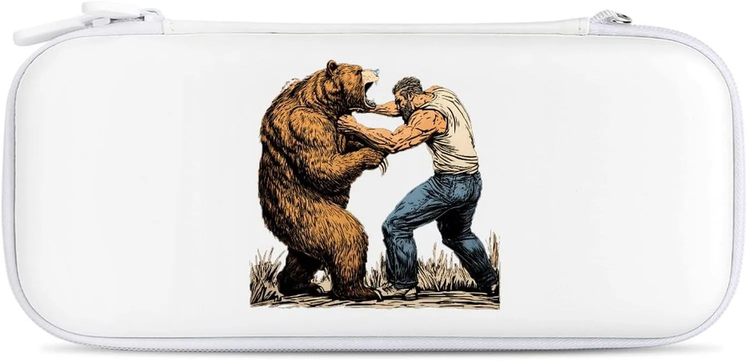 Fighting With Bear Compatible with Switch Carrying Case Hard Travel Game Bag Pouch with 15 Games Accessories