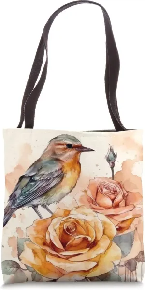 Finch Bird Roses Flower Watercolor Finches Lover Tote Bag