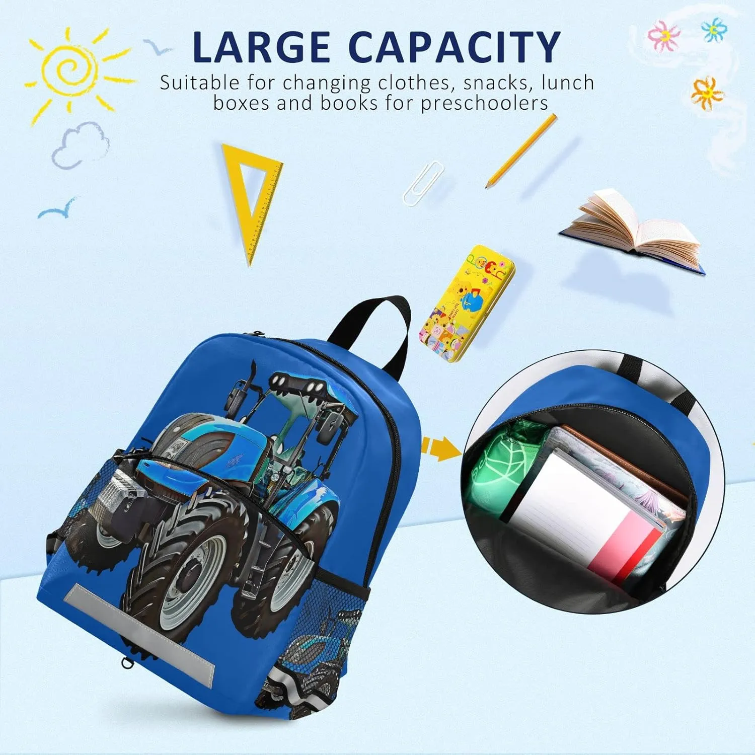 Fisyme Blue Tractor Backpack Schoolbag Kids Daypack Toddler Travel School Bag Small Mini Backpacks for Kindergarten Preschool Nursery Children Boys Girls with Chest Strap
