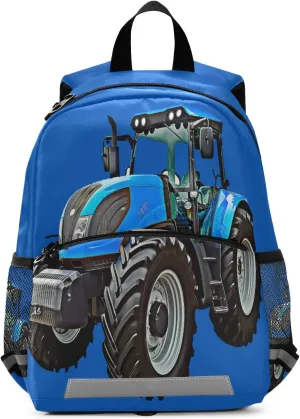Fisyme Blue Tractor Backpack Schoolbag Kids Daypack Toddler Travel School Bag Small Mini Backpacks for Kindergarten Preschool Nursery Children Boys Girls with Chest Strap