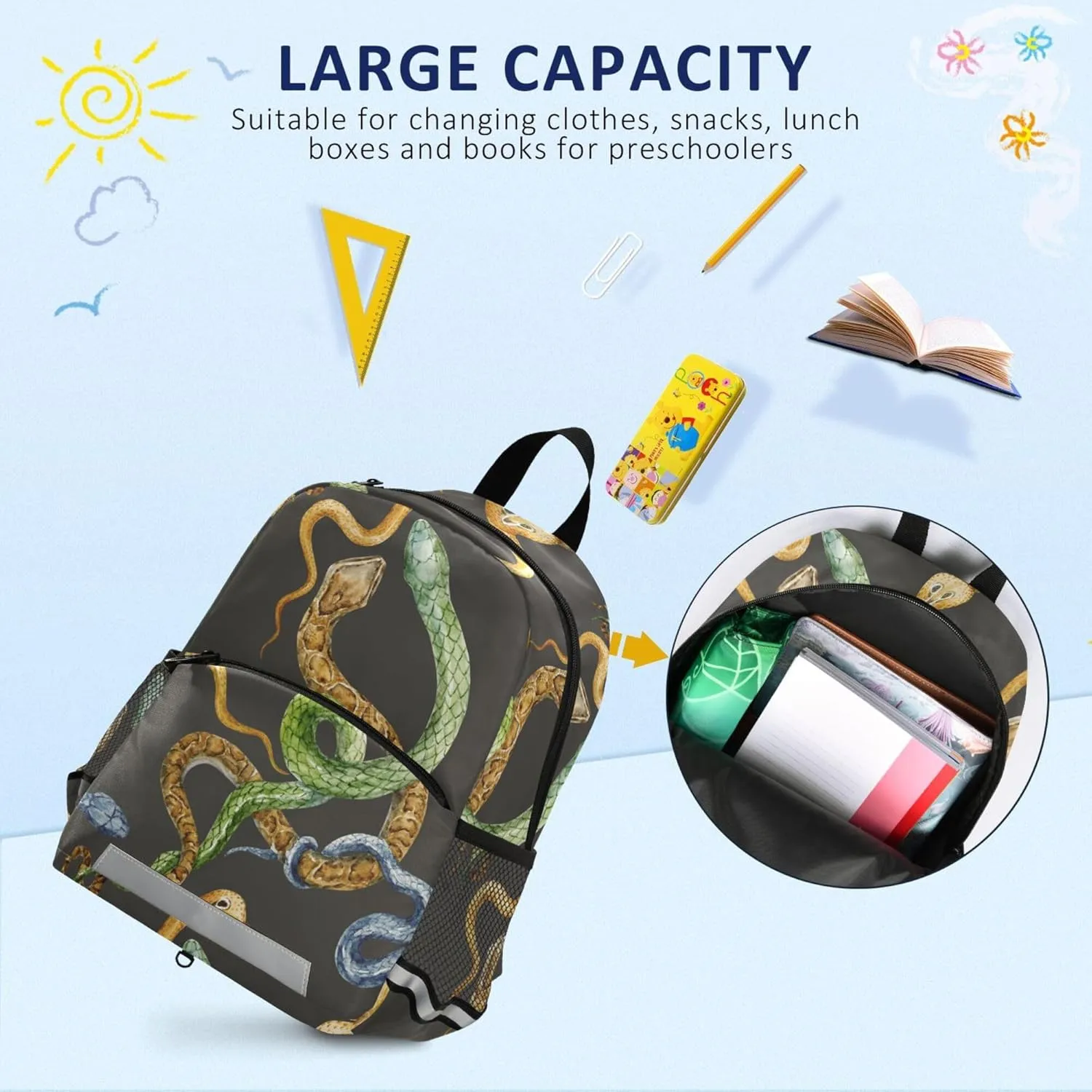 Fisyme Tropical Snakes Backpack Schoolbag Kids Daypack Toddler Travel School Bag Small Mini Backpacks for Kindergarten Preschool Nursery Boys Girls