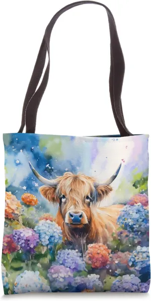 Floral Highland Cow Watercolor Splash Gift Tote Bag