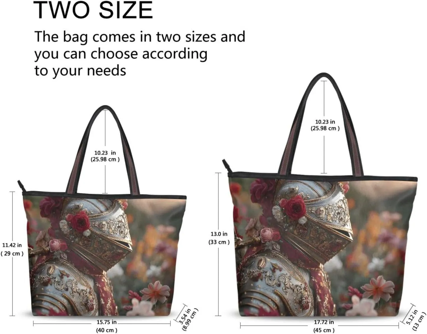 Floral Knight Women Tote Bag Purse Zipper Closure Reusable Grocery Handbag Large