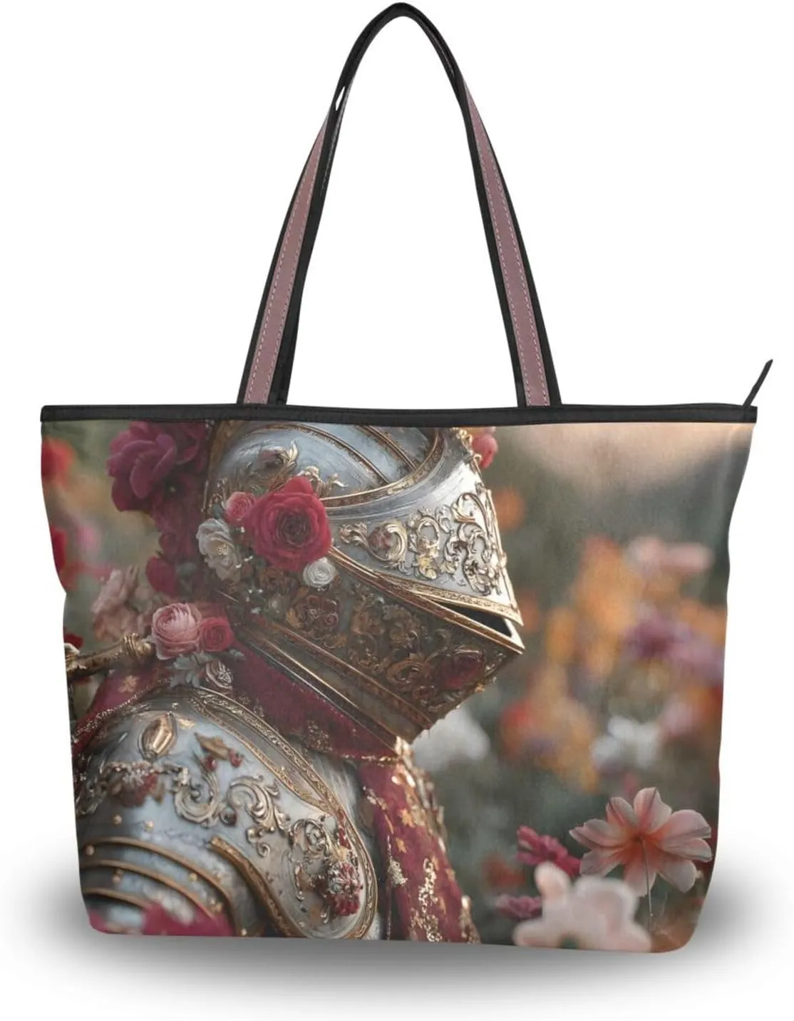 Floral Knight Women Tote Bag Purse Zipper Closure Reusable Grocery Handbag Large