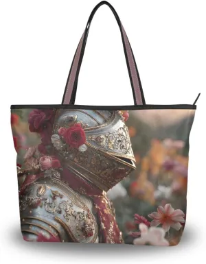 Floral Knight Women Tote Bag Purse Zipper Closure Reusable Grocery Handbag Large