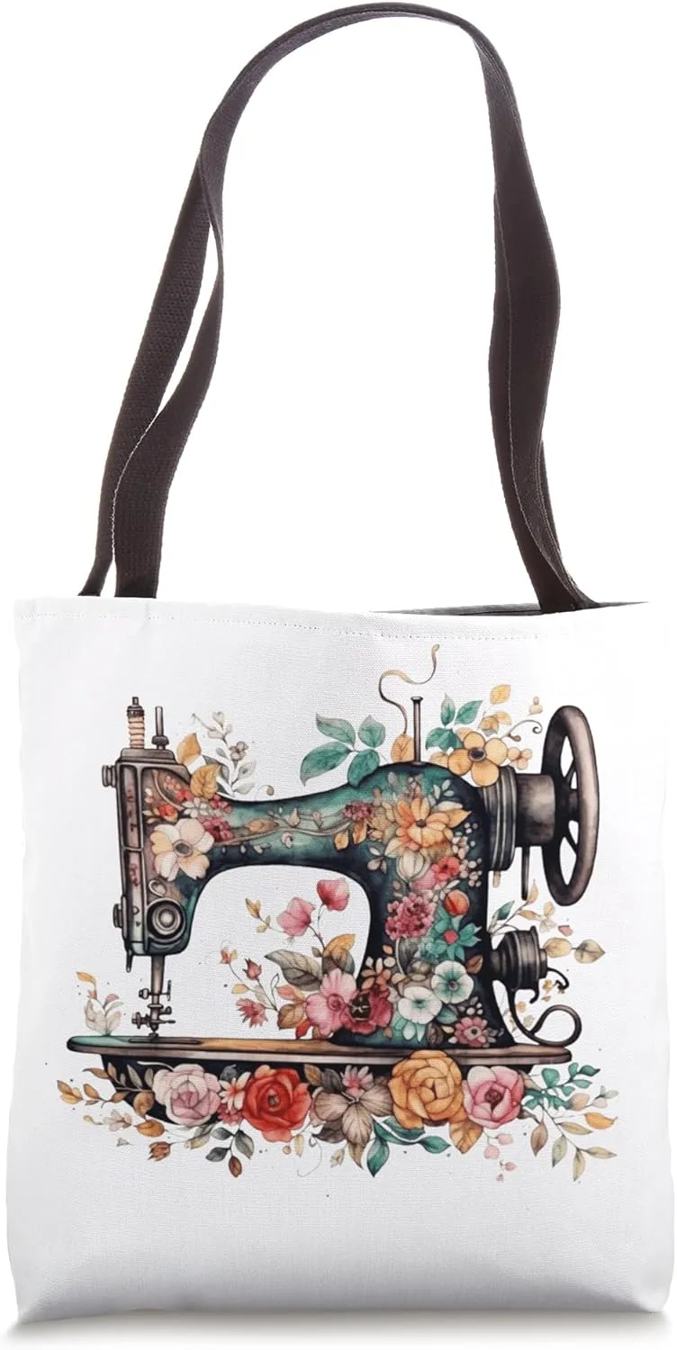 Floral Sewing Machine - Flower Seamstress Sewing Machine Tote Bag
