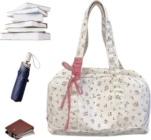 Floral Travel Duffel Bag for Women, Cute Quilted Floral Puffer Workout Sport Carry on Tote, Flower Tote Bag Canvas Shoulder Purse with Bow, Waterproof Shoulder Purse for Travelling Classes Commuting