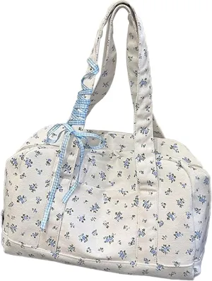 Floral Travel Duffel Bag for Women, Cute Quilted Floral Puffer Workout Sport Carry on Tote, Flower Tote Bag Canvas Shoulder Purse with Bow, Waterproof Shoulder Purse for Travelling Classes Commuting