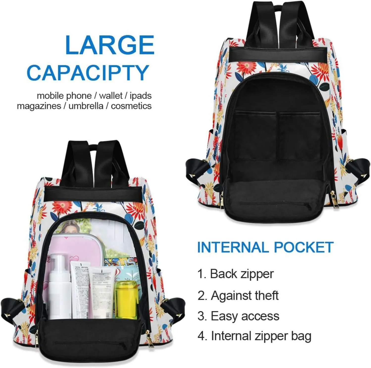 Flower Print Anti-theft Backpack Handbags for Women Travel Rucksack Lightweight Shoulder Bags 13.4 X 5.9 X 15in Pattern 5