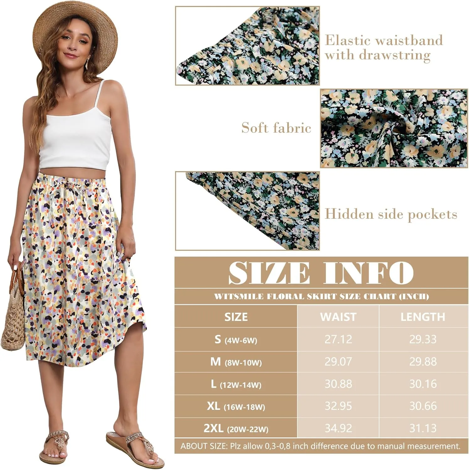 Flowy Skirt Midi Length Elastic High Waist A-Line Skirt with Pockets Boho for Women 2025 Trendy(S-2XL)