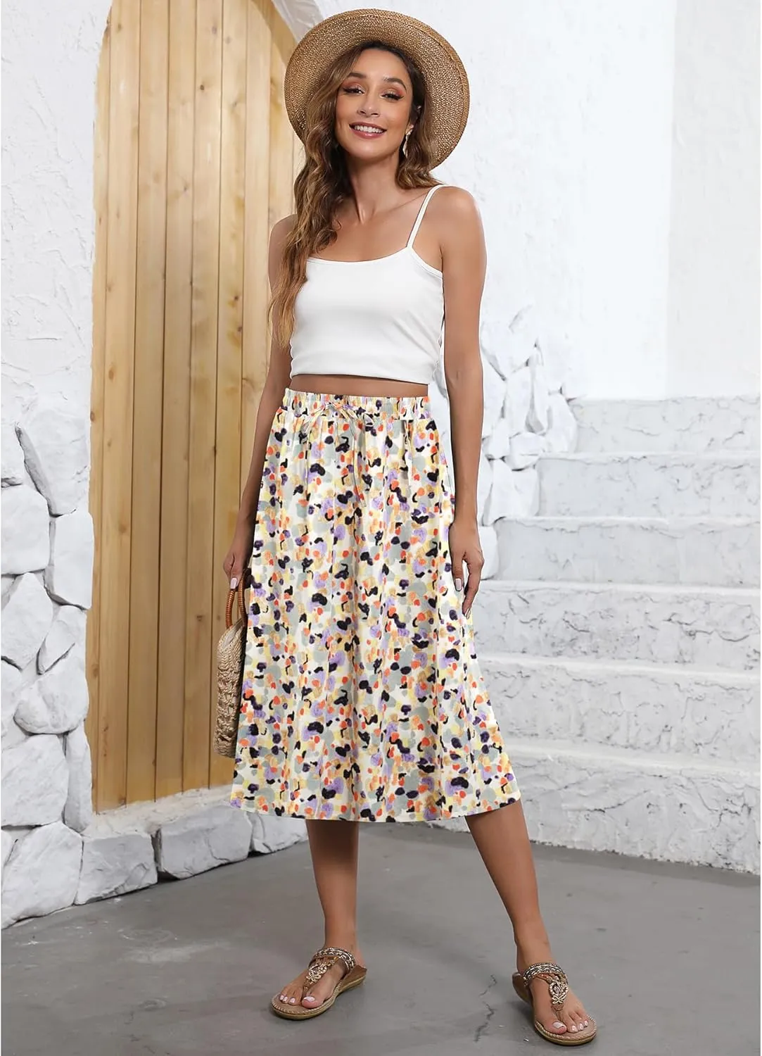 Flowy Skirt Midi Length Elastic High Waist A-Line Skirt with Pockets Boho for Women 2025 Trendy(S-2XL)