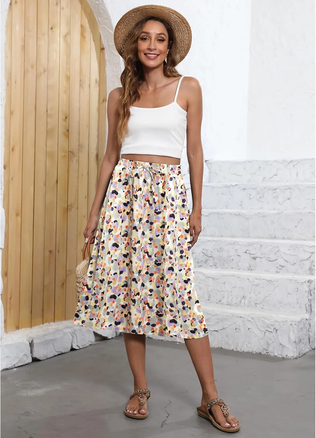 Flowy Skirt Midi Length Elastic High Waist A-Line Skirt with Pockets Boho for Women 2025 Trendy(S-2XL)