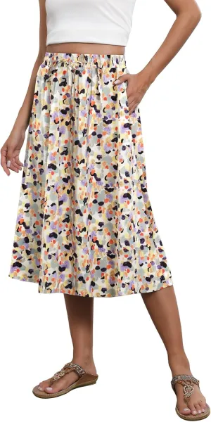 Flowy Skirt Midi Length Elastic High Waist A-Line Skirt with Pockets Boho for Women 2025 Trendy(S-2XL)