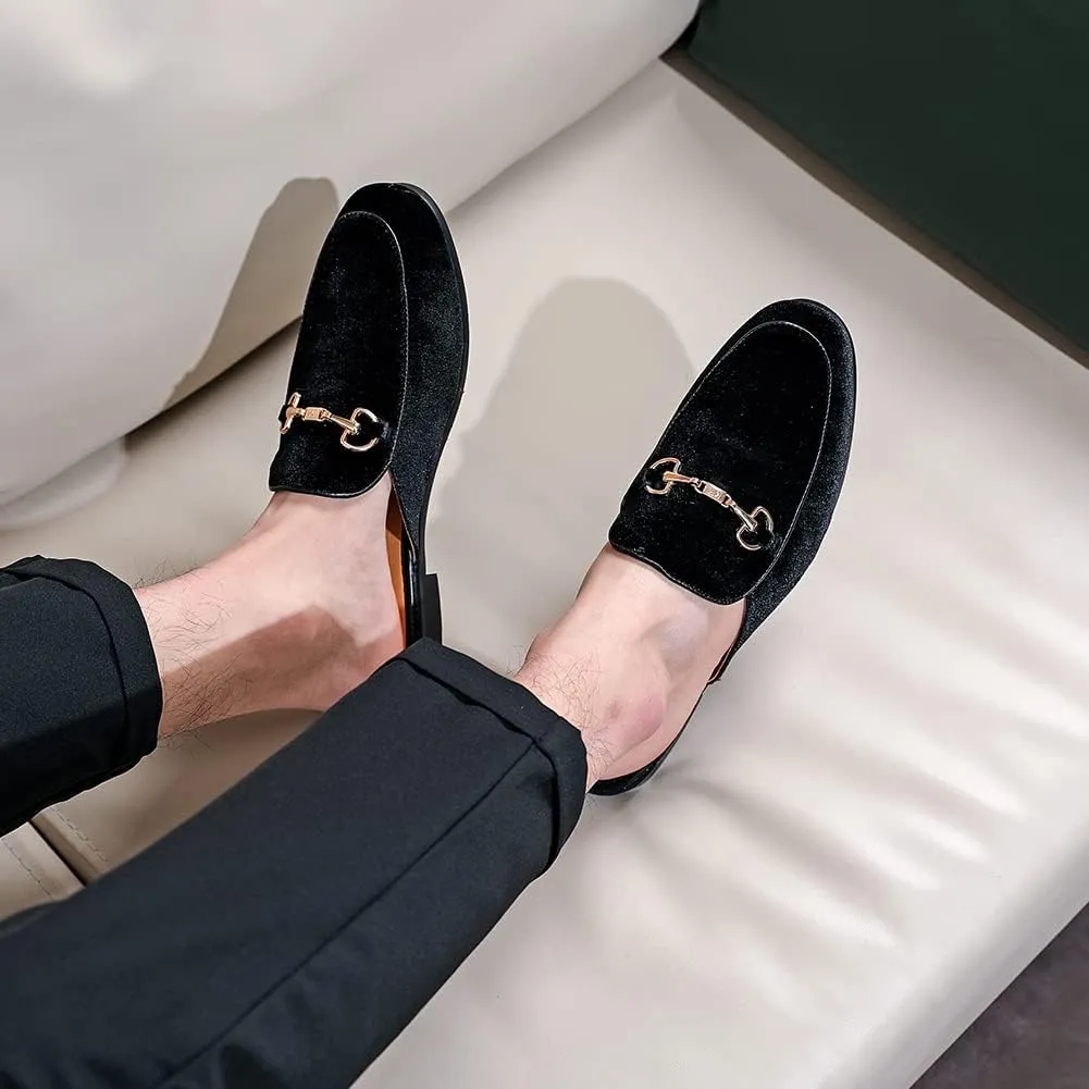 FLQL Mens Shoes Luxury Velvet Gold Buckle Slip-on Penny Loafers Casual Smoking Slippers Indoor Outdoor Sandals Black Size 7-13