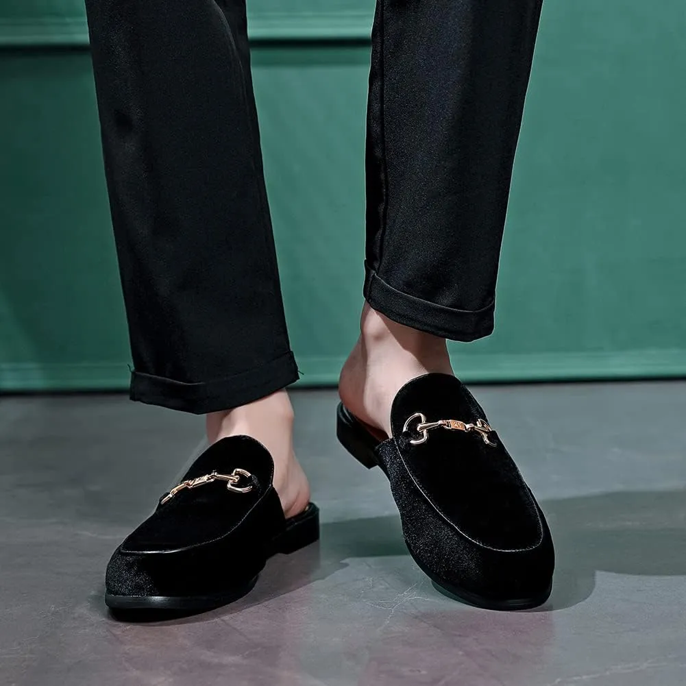 FLQL Mens Shoes Luxury Velvet Gold Buckle Slip-on Penny Loafers Casual Smoking Slippers Indoor Outdoor Sandals Black Size 7-13