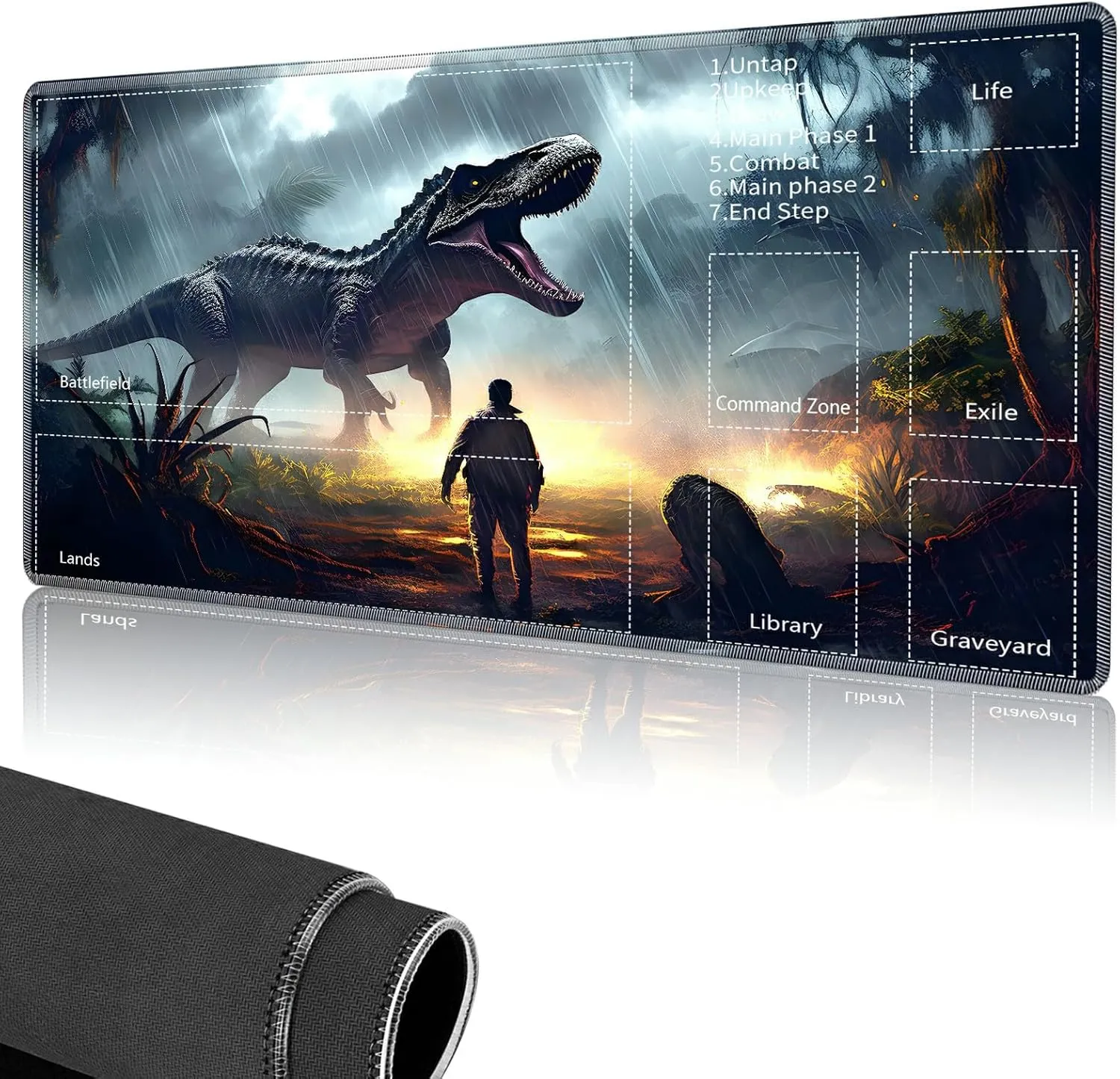 for MTG Playmat,Card Playmat Stitched with Magic Zone for MTG Card Game Playing, 24x14 inches Card Playmats Smooth Cloth Surface Non-Slip Silicone Bottom Battle Game Mat-Dinosaur and Forest