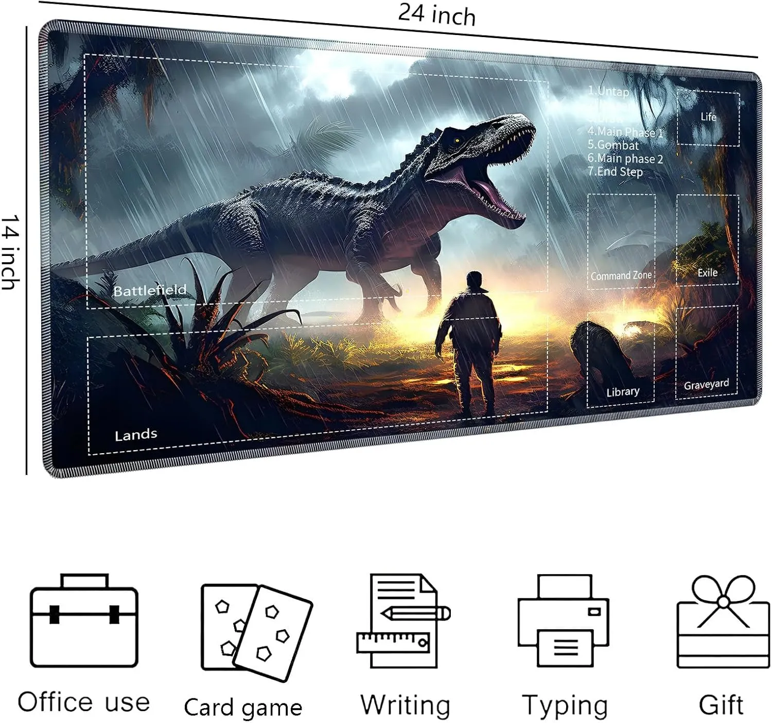 for MTG Playmat,Card Playmat Stitched with Magic Zone for MTG Card Game Playing, 24x14 inches Card Playmats Smooth Cloth Surface Non-Slip Silicone Bottom Battle Game Mat-Dinosaur and Forest