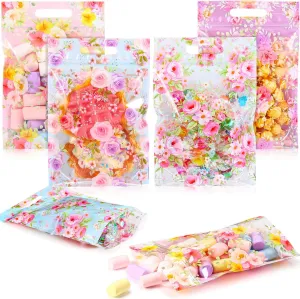 Frienda 60 Pcs Floral Zip Lock Bags Plastic Tea Party Favor Gift Bags with Handles Vintage Flower Candy Treat Goodie Bags Bulk for Spring Floral Tea Birthday Party Bridal Shower Wedding Supplies