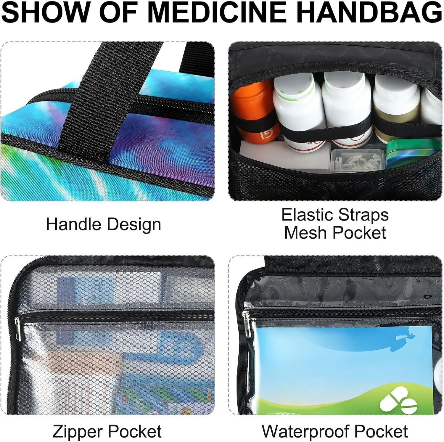 Fustylead Abstract Swirl Design Tie Dye Travel Medicine Storage Bag Large Household Pill Bottle Organizer with Zipper for First Aid, Pills, Vitamins, Medical Supplies