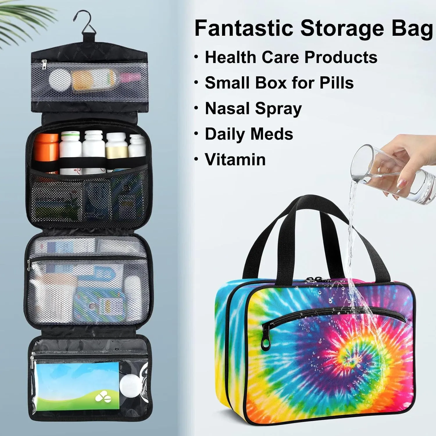 Fustylead Abstract Swirl Design Tie Dye Travel Medicine Storage Bag Large Household Pill Bottle Organizer with Zipper for First Aid, Pills, Vitamins, Medical Supplies