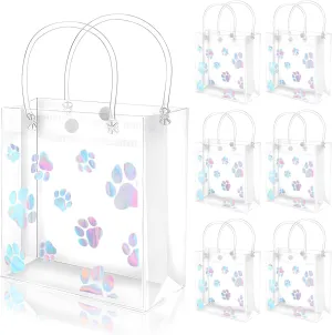 FYSUIMU 12 Pcs Iridescent Paw Print Clear PVC Gift Bags Puppy Dog Bear Paw Party Favor Bags with Handle Pet Holographic Treat Tote Bag for Birthday Baby Shower Holiday