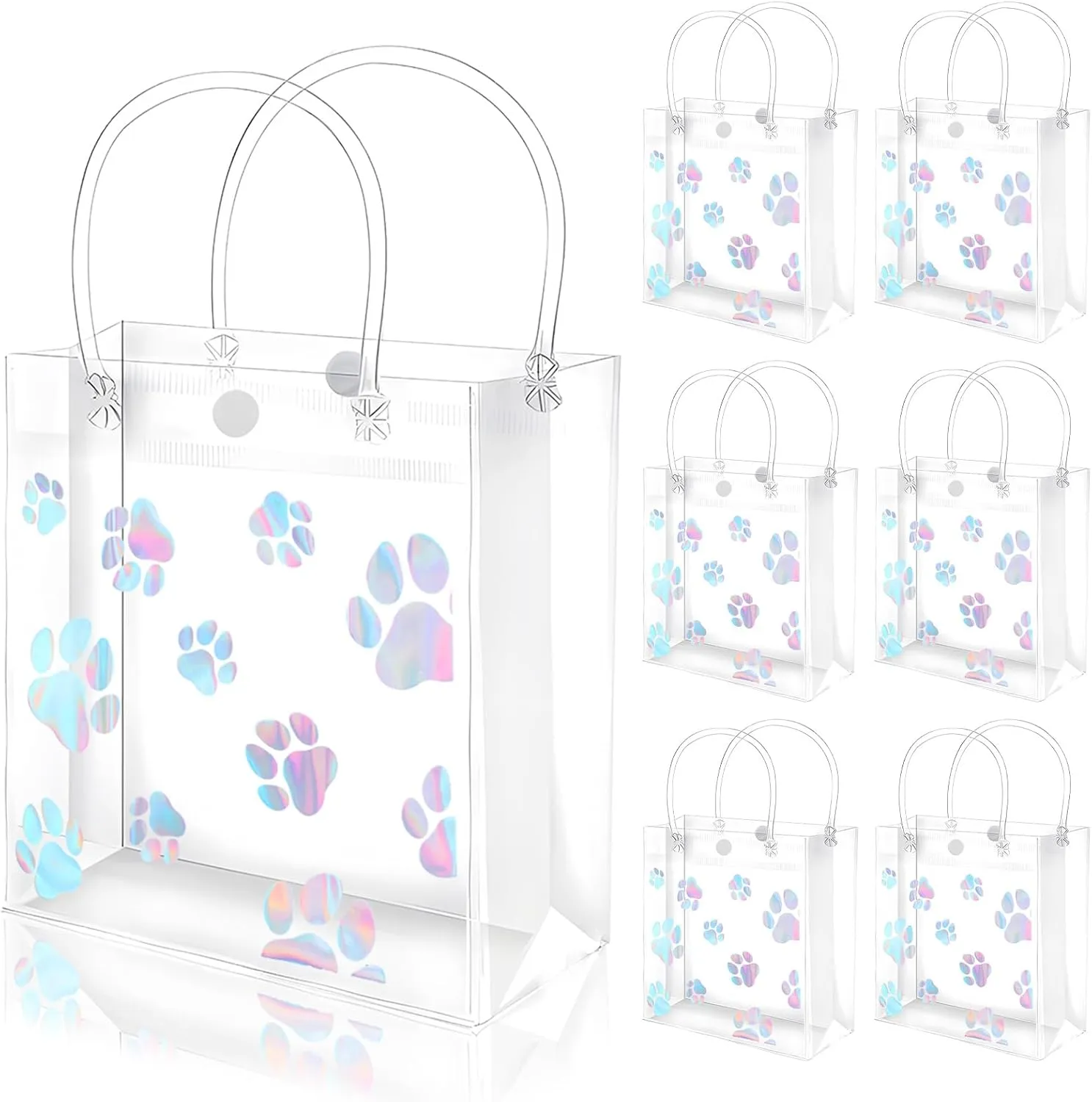 FYSUIMU 12 Pcs Iridescent Paw Print Clear PVC Gift Bags Puppy Dog Bear Paw Party Favor Bags with Handle Pet Holographic Treat Tote Bag for Birthday Baby Shower Holiday