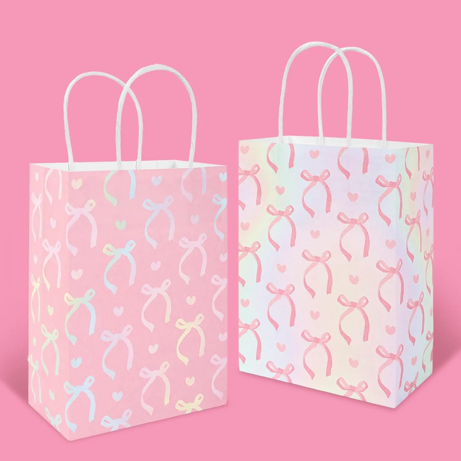 FYSUIMU 24 Pcs Bow Coquette Pink White Paper Gift Bags with Handle Laser Iridescent Bowknot Heart Party Favor Bags Goodie Candy Treat Bags for Birthday Baby Shower Bachelorette, 2 Designs