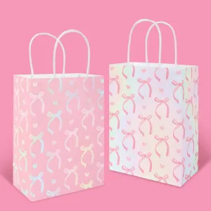 FYSUIMU 24 Pcs Bow Coquette Pink White Paper Gift Bags with Handle Laser Iridescent Bowknot Heart Party Favor Bags Goodie Candy Treat Bags for Birthday Baby Shower Bachelorette, 2 Designs