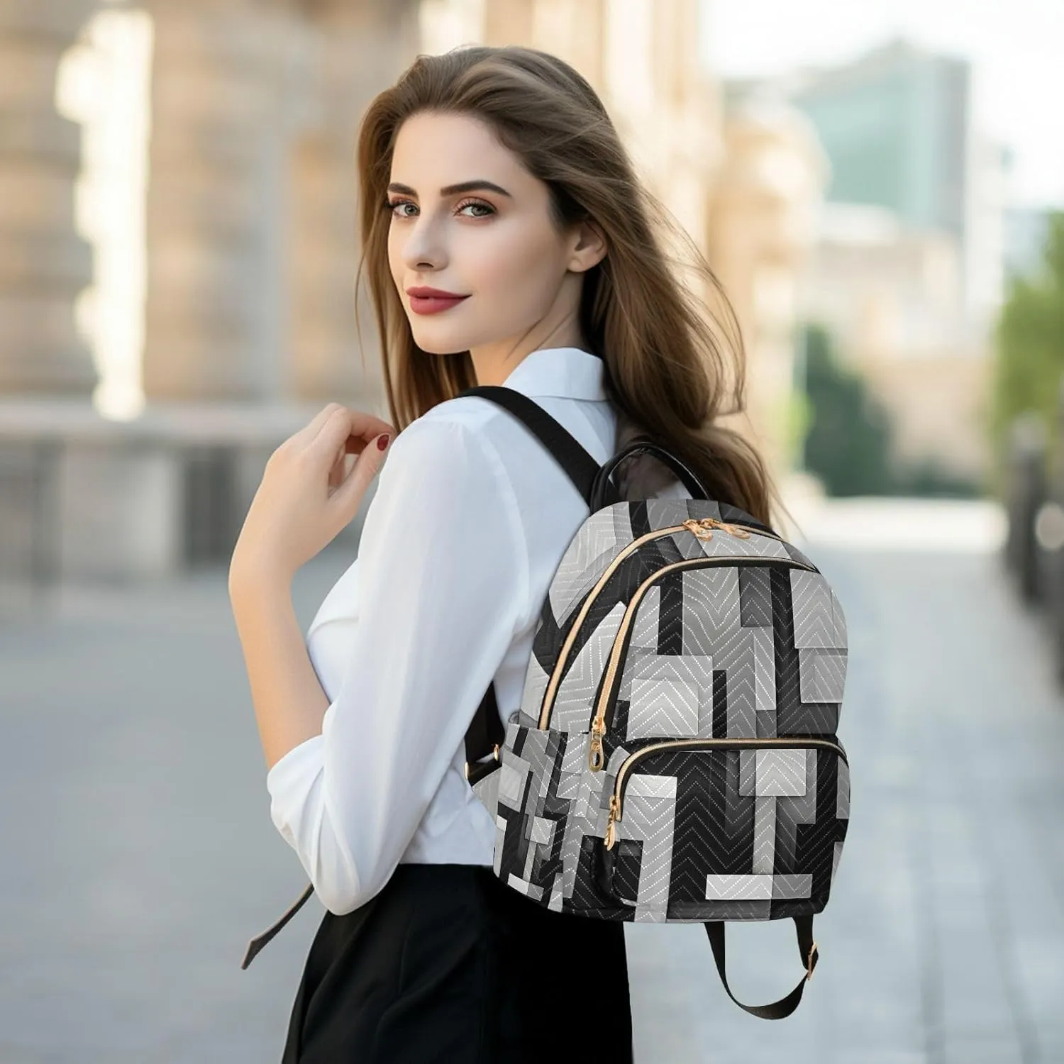 GAIGEO Crossing Squares of Black and White Girls Fashion Backpack, Medium Size Backpack, Women's Travel Backpack, M