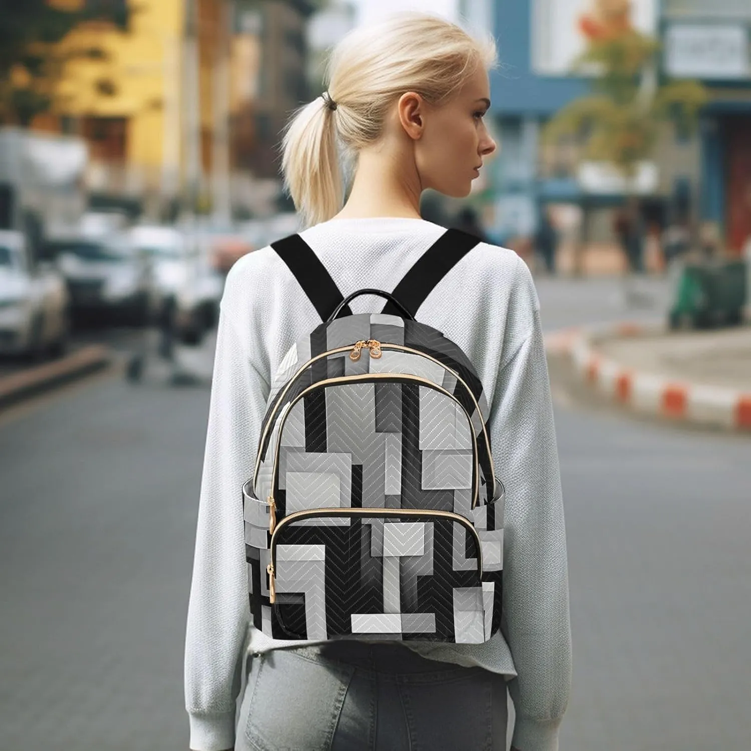 GAIGEO Crossing Squares of Black and White Girls Fashion Backpack, Medium Size Backpack, Women's Travel Backpack, M