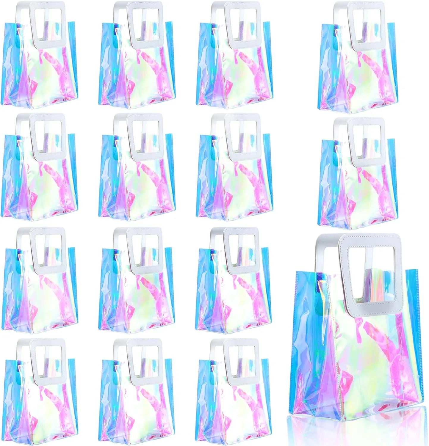 GcFoir Small Iridescent Gift Bags with Handles,15 Pcs 8.3''x8''x4'' Holographic Bachelorette Party Favor Bags, Clear Gift Bags with Handles, Reusable PVC Tote Goodie Bags for Shopping, Baby Showers