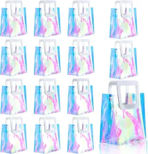 GcFoir Small Iridescent Gift Bags with Handles,15 Pcs 8.3''x8''x4'' Holographic Bachelorette Party Favor Bags, Clear Gift Bags with Handles, Reusable PVC Tote Goodie Bags for Shopping, Baby Showers