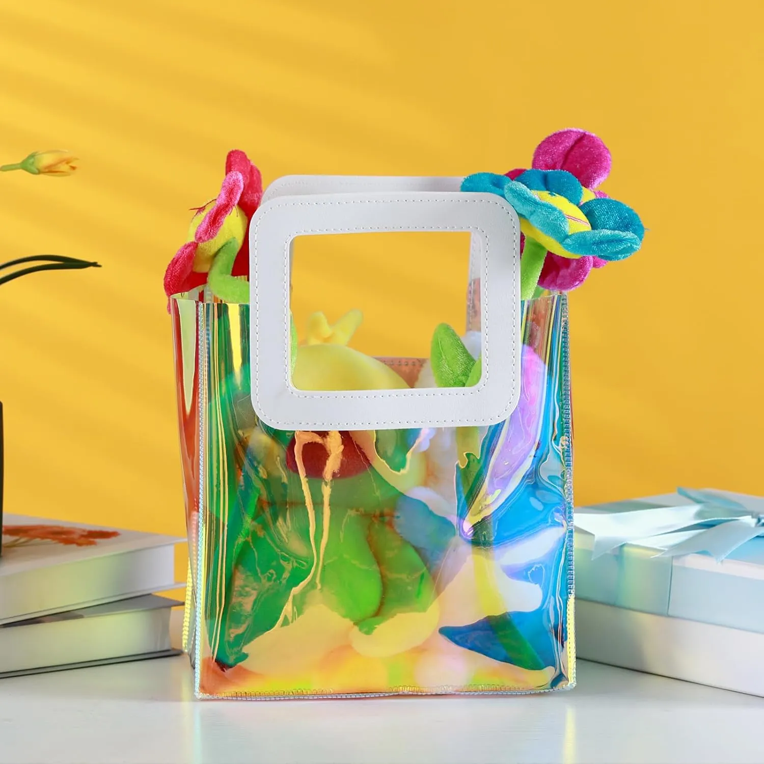 GcFoir Small Iridescent Gift Bags with Handles,15 Pcs 8.3''x8''x4'' Holographic Bachelorette Party Favor Bags, Clear Gift Bags with Handles, Reusable PVC Tote Goodie Bags for Shopping, Baby Showers