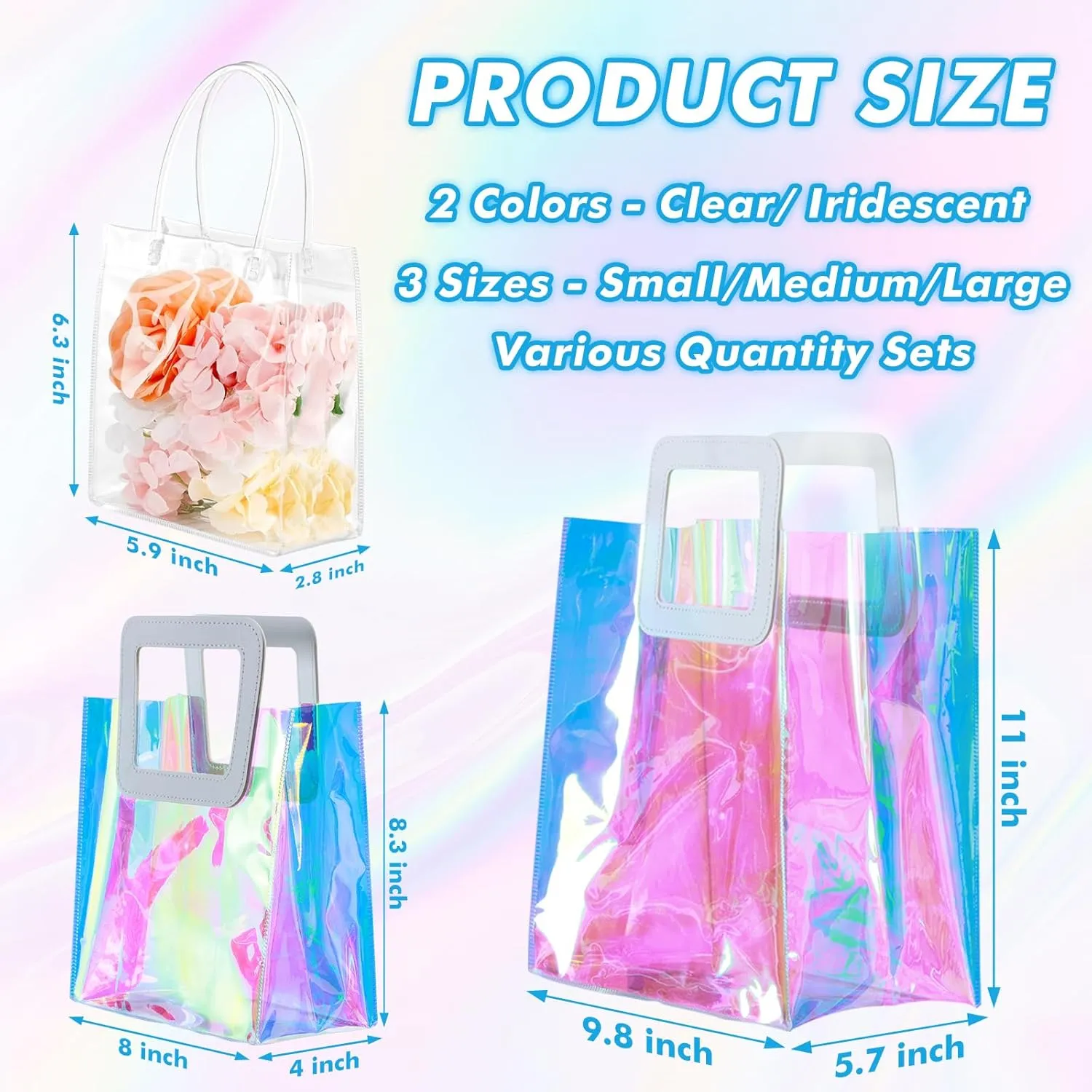 GcFoir Small Iridescent Gift Bags with Handles,15 Pcs 8.3''x8''x4'' Holographic Bachelorette Party Favor Bags, Clear Gift Bags with Handles, Reusable PVC Tote Goodie Bags for Shopping, Baby Showers
