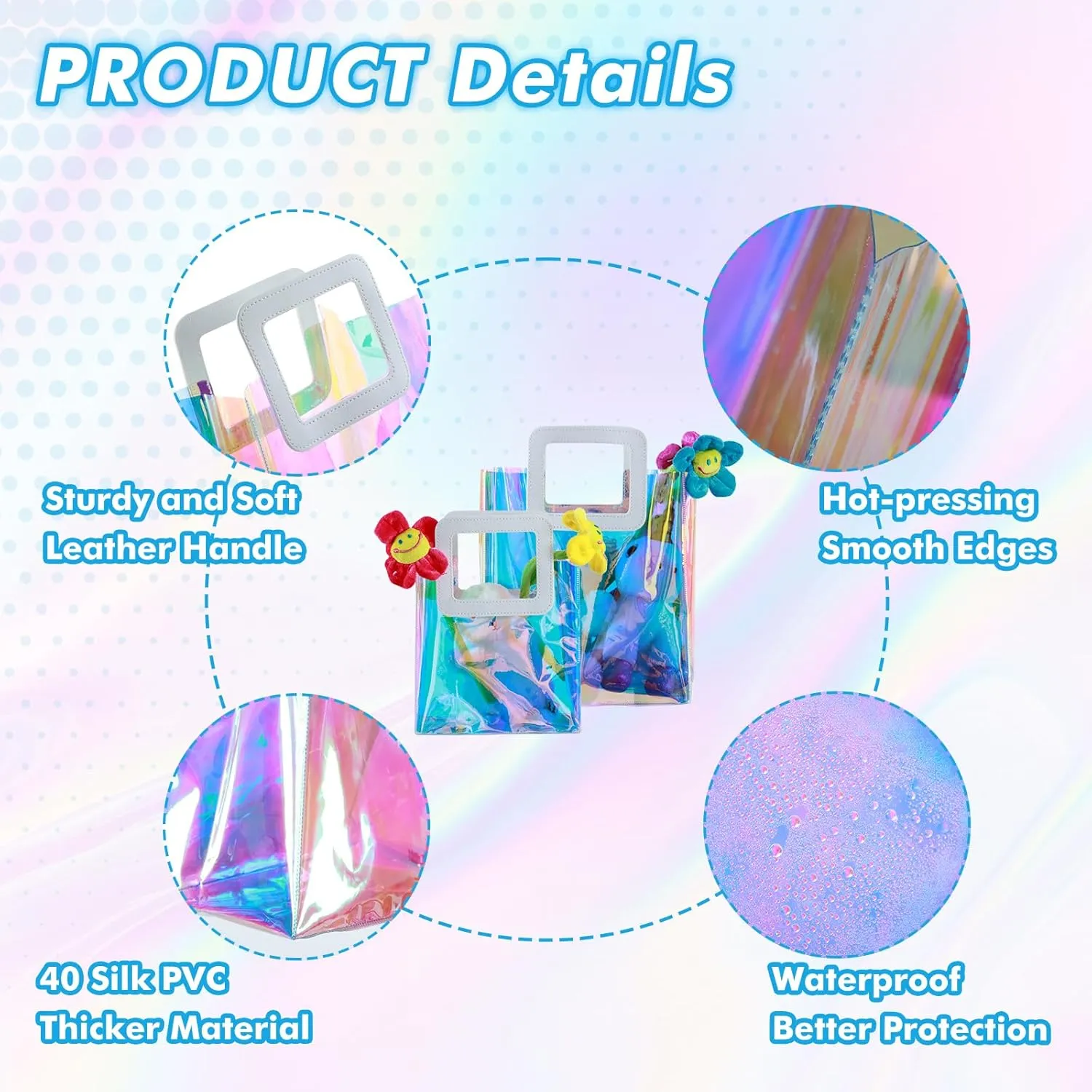 GcFoir Small Iridescent Gift Bags with Handles,15 Pcs 8.3''x8''x4'' Holographic Bachelorette Party Favor Bags, Clear Gift Bags with Handles, Reusable PVC Tote Goodie Bags for Shopping, Baby Showers