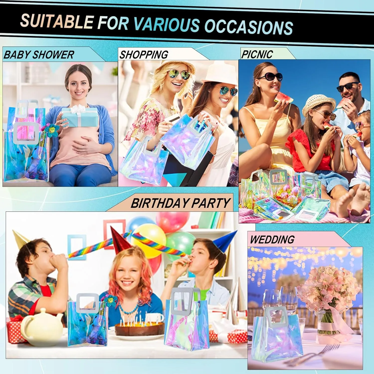 GcFoir Small Iridescent Gift Bags with Handles,15 Pcs 8.3''x8''x4'' Holographic Bachelorette Party Favor Bags, Clear Gift Bags with Handles, Reusable PVC Tote Goodie Bags for Shopping, Baby Showers