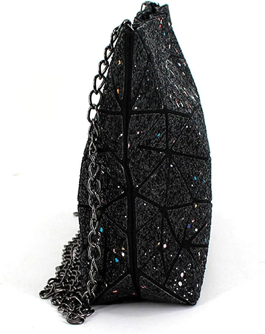 Geometric Bag Women Cross-Body Bag PU Shoulder Bag Chain Bag Laser Clutch Purse Bags (Black)