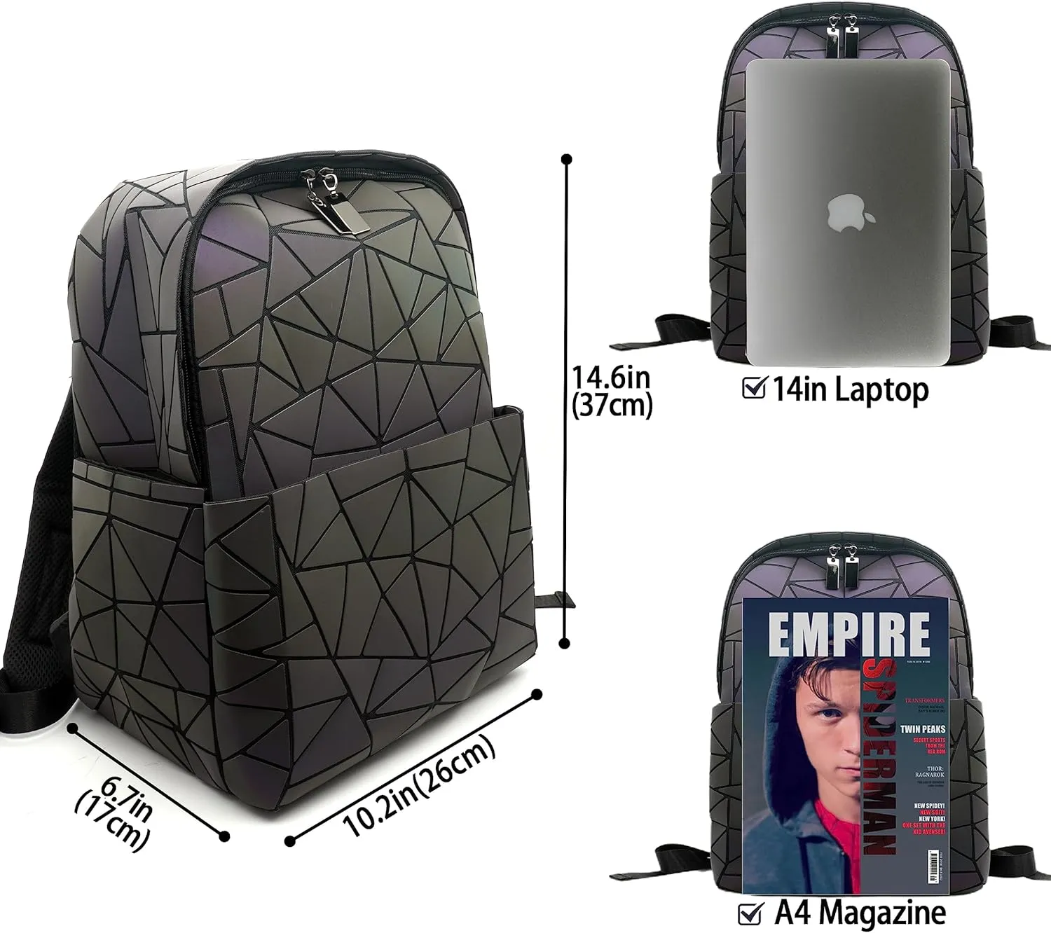 Geometric Women's Backpack Geometries Glow Large Iridescent Backpack Geometrical Luminous Bag Holographic Travel Bags Retro Daypack for Casual, College, Work