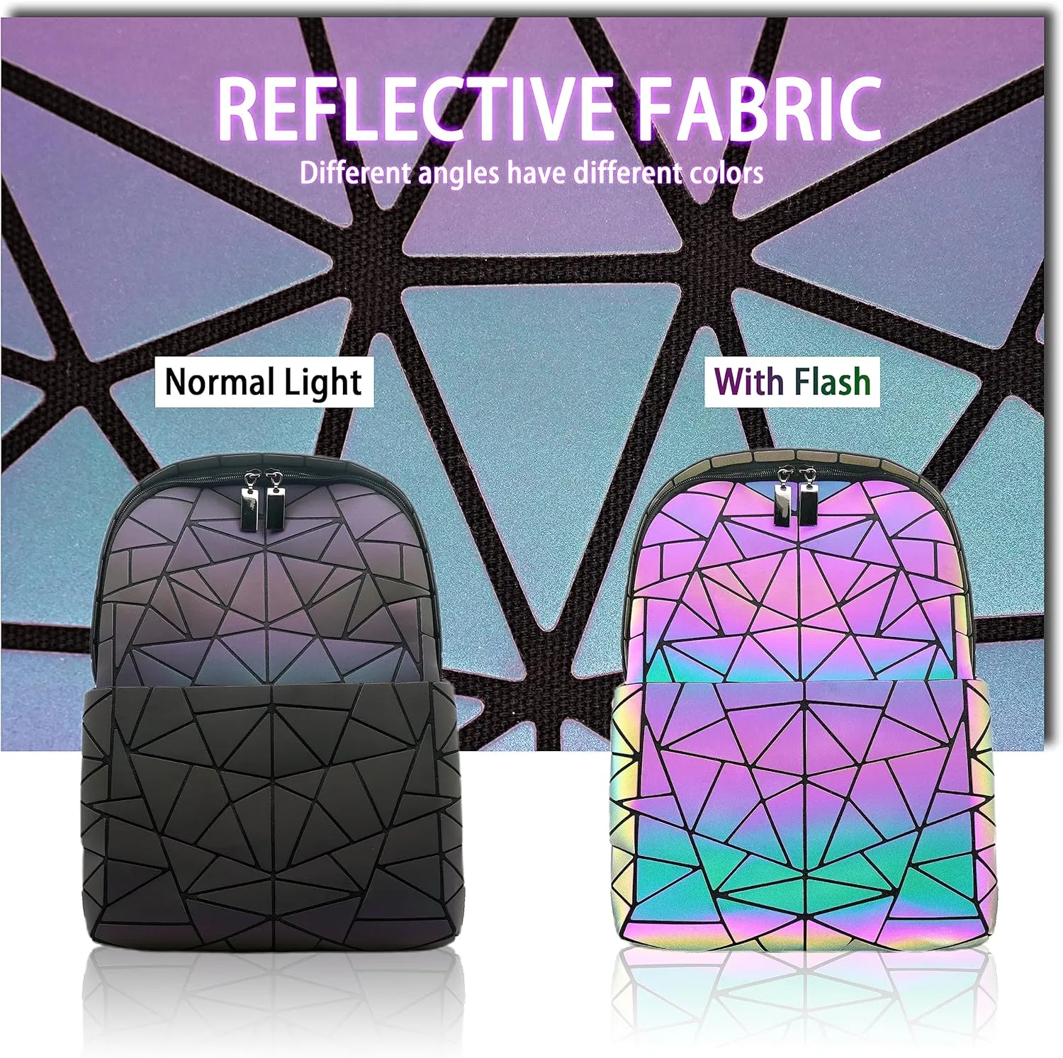 Geometric Women's Backpack Geometries Glow Large Iridescent Backpack Geometrical Luminous Bag Holographic Travel Bags Retro Daypack for Casual, College, Work