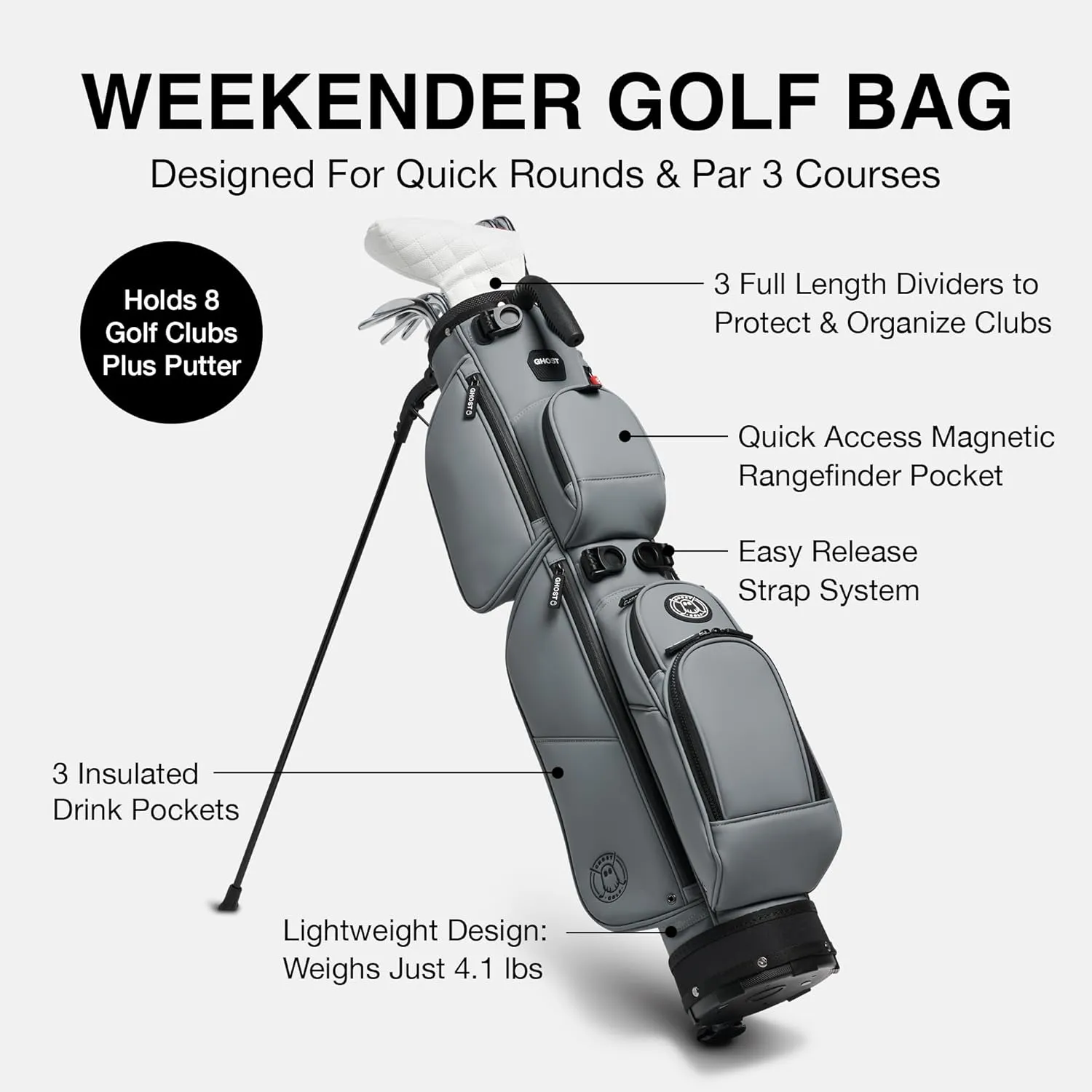 Ghost Golf Stand Bag - Lightweight Golf Bags for Men & Women, 3-Way Dividers with Premium Materials & Magnetic Pocket - Ideal for Walking, Par 3 Courses, and Driving Range